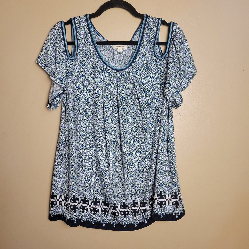 Max Studio Womens XL Cold Shoulder Tunic Top Blue Green Geometric Medallion Boho